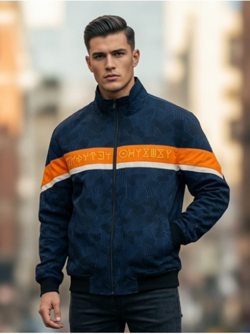 Marvel Navy Bomber Jacket with Orange and White Chest Stripe